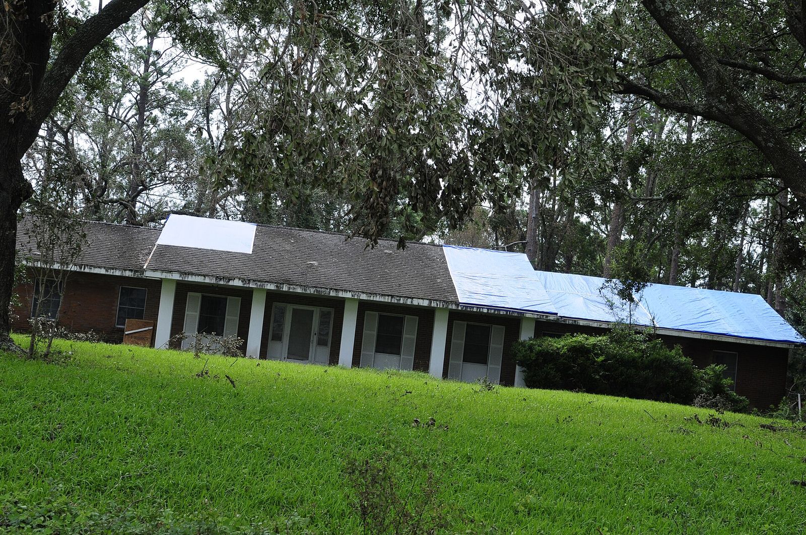 Single-story home with a blue tarp covering storm damage on the roof
