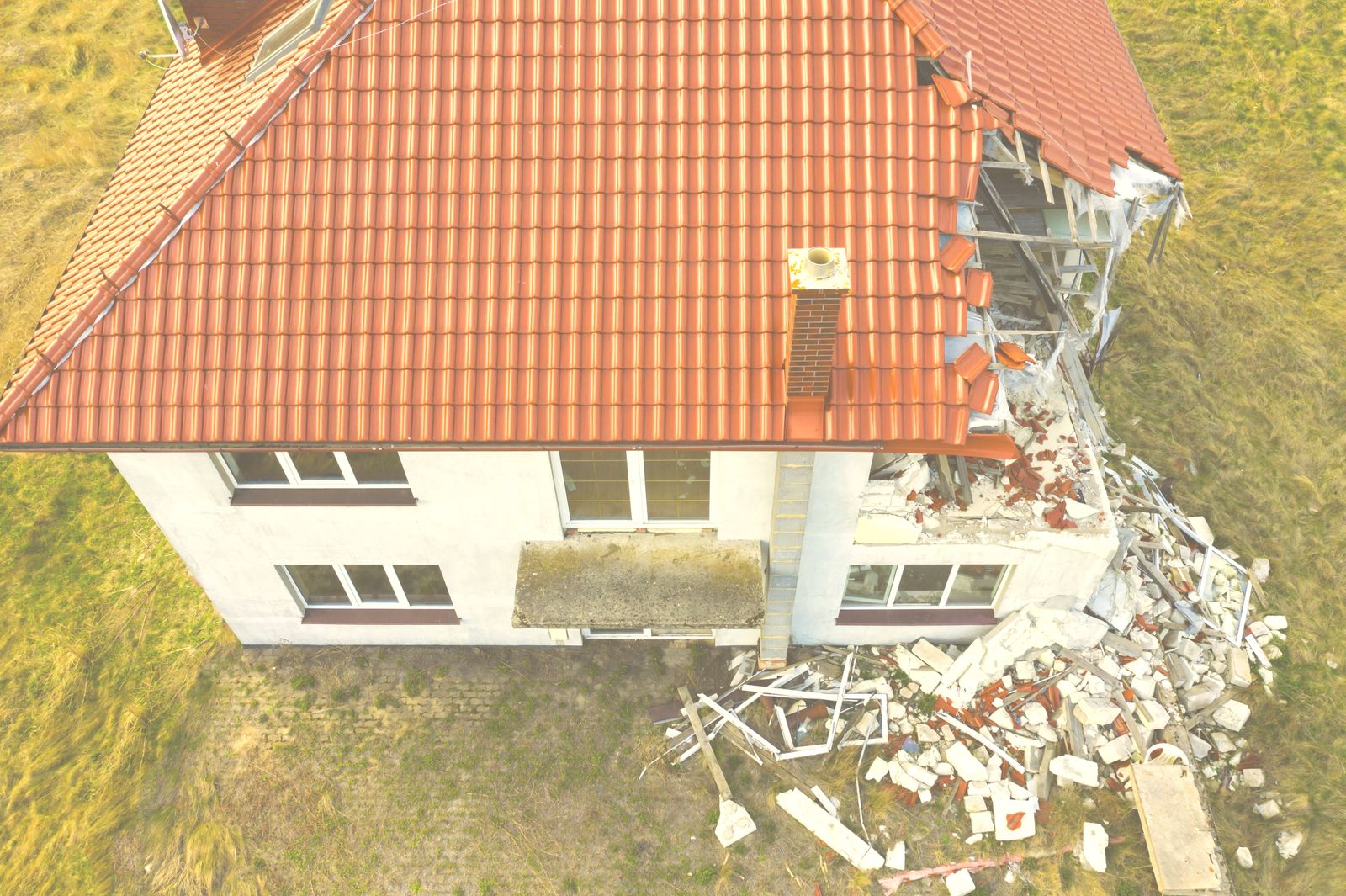 Aerial view of a two-story house with a red tile roof and one corner torn open by a storm